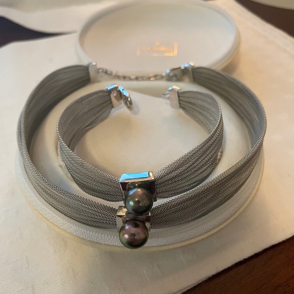 VAIMA PERLES Tahitian Black Pearl / Sterling Silver Chocker and Bracelet Set - Picture 1 of 4